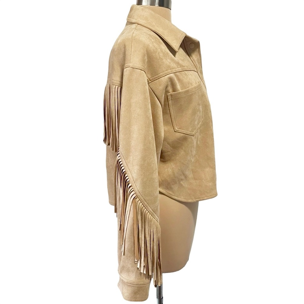 OAT New York Tan Faux Suede Fringe Western Cropped Jacket Size S Festival Boho - Picture 11 of 14